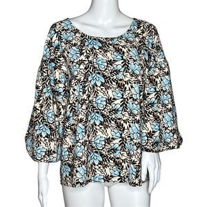 Elizabeth & James Shirt Womens Large White Black Blue Floral‎ Flower Boho Casual